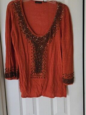 Moda International Orange Scoop Neck Sweater with Sequin Beads Embellishment L